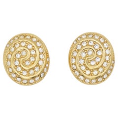 Christian Dior Vintage 1980s Large Swirl Oval Clear Crystals Gold Clip Earrings Christian Dior Vintage 1980s Large Swirl Oval Clear Crystals Gold Clip Earrings
