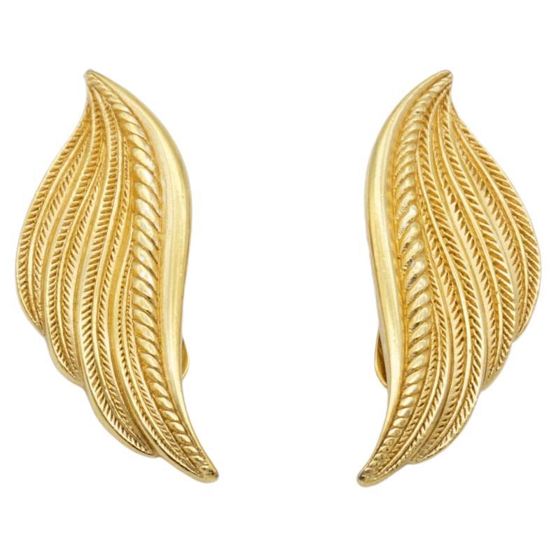 Christian Dior Vintage 1980s Large Textured Wing Leaf Fire Gold Clip Earrings For Sale