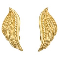 Christian Dior Vintage 1980s Large Textured Wing Leaf Fire Gold Clip Earrings