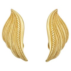 Christian Dior Vintage 1980s Large Textured Wing Leaf Fire Gold Clip Earrings