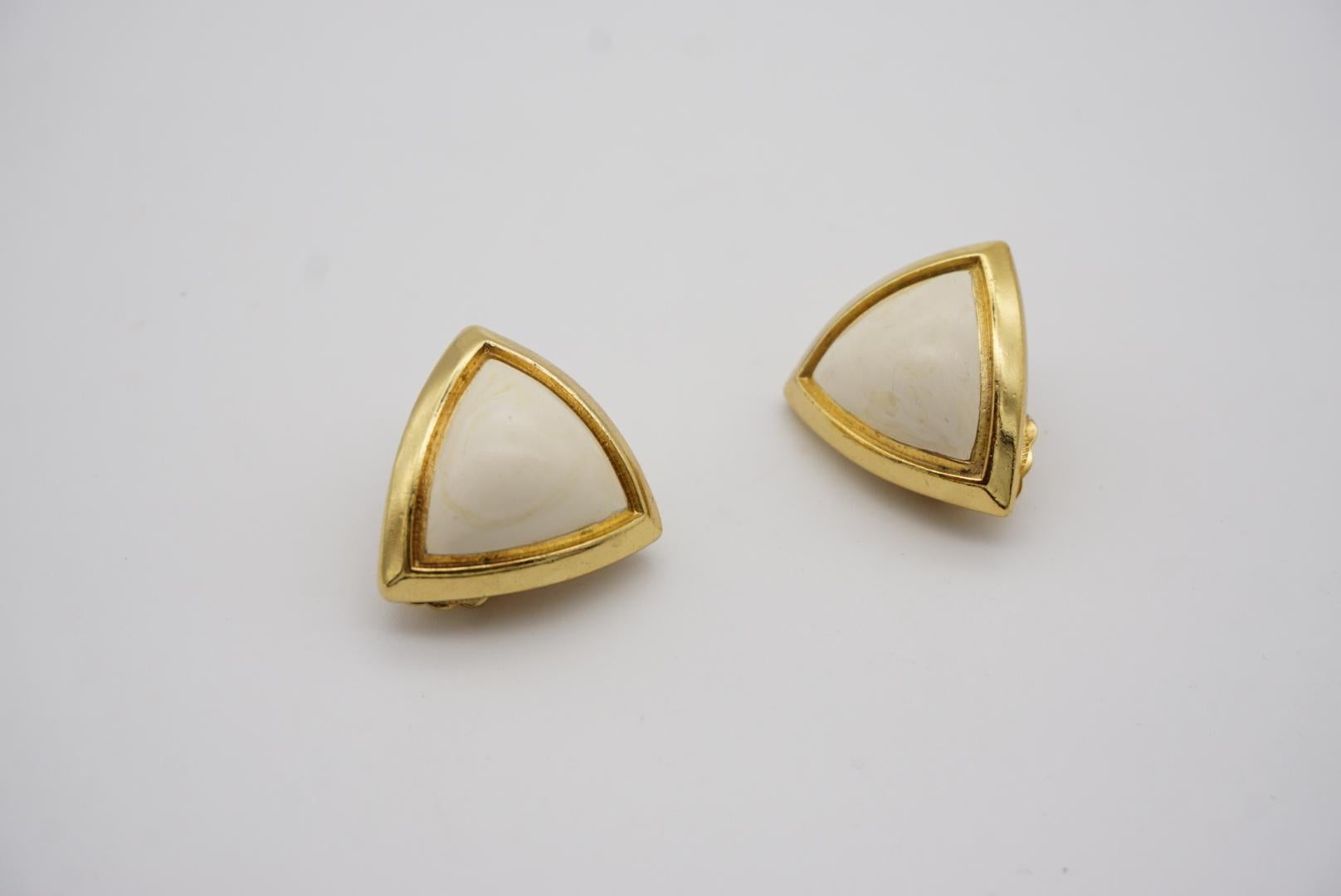 Women's or Men's Christian Dior Vintage 1980s Large Triangle White Enamel Gold Clip On Earrings  For Sale