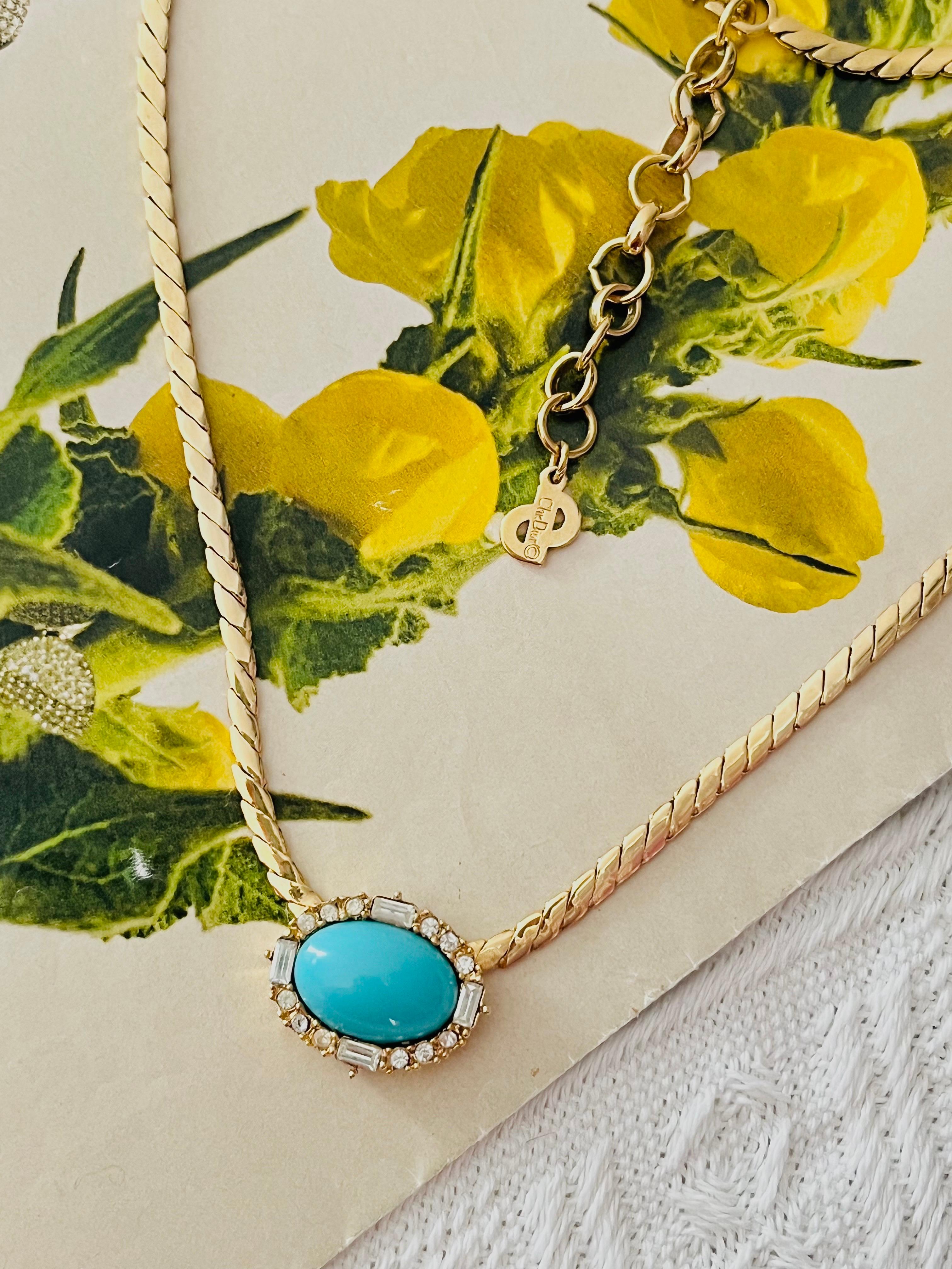 Art Deco Christian Dior Vintage 1980s Large Turquoise Oval Cabochon Crystals Necklace