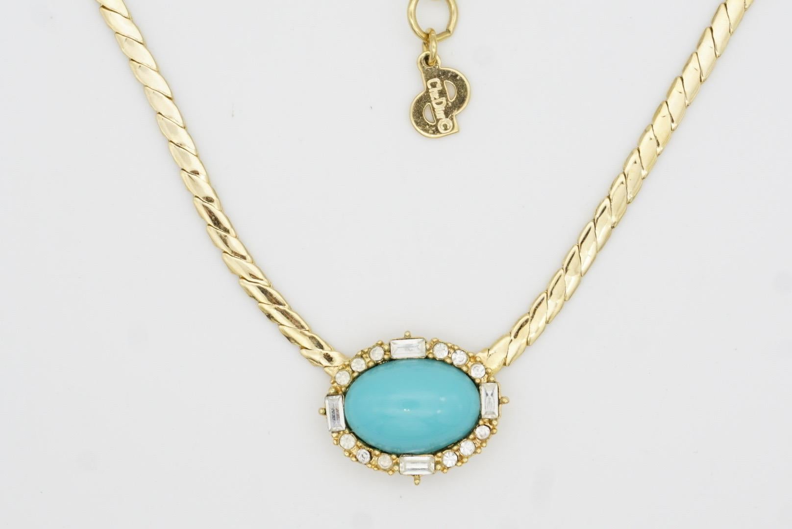 Christian Dior Vintage 1980s Large Turquoise Oval Cabochon Crystals Necklace 4