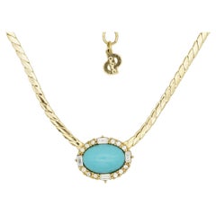 Christian Dior Vintage 1980s Large Turquoise Oval Cabochon Crystals Necklace