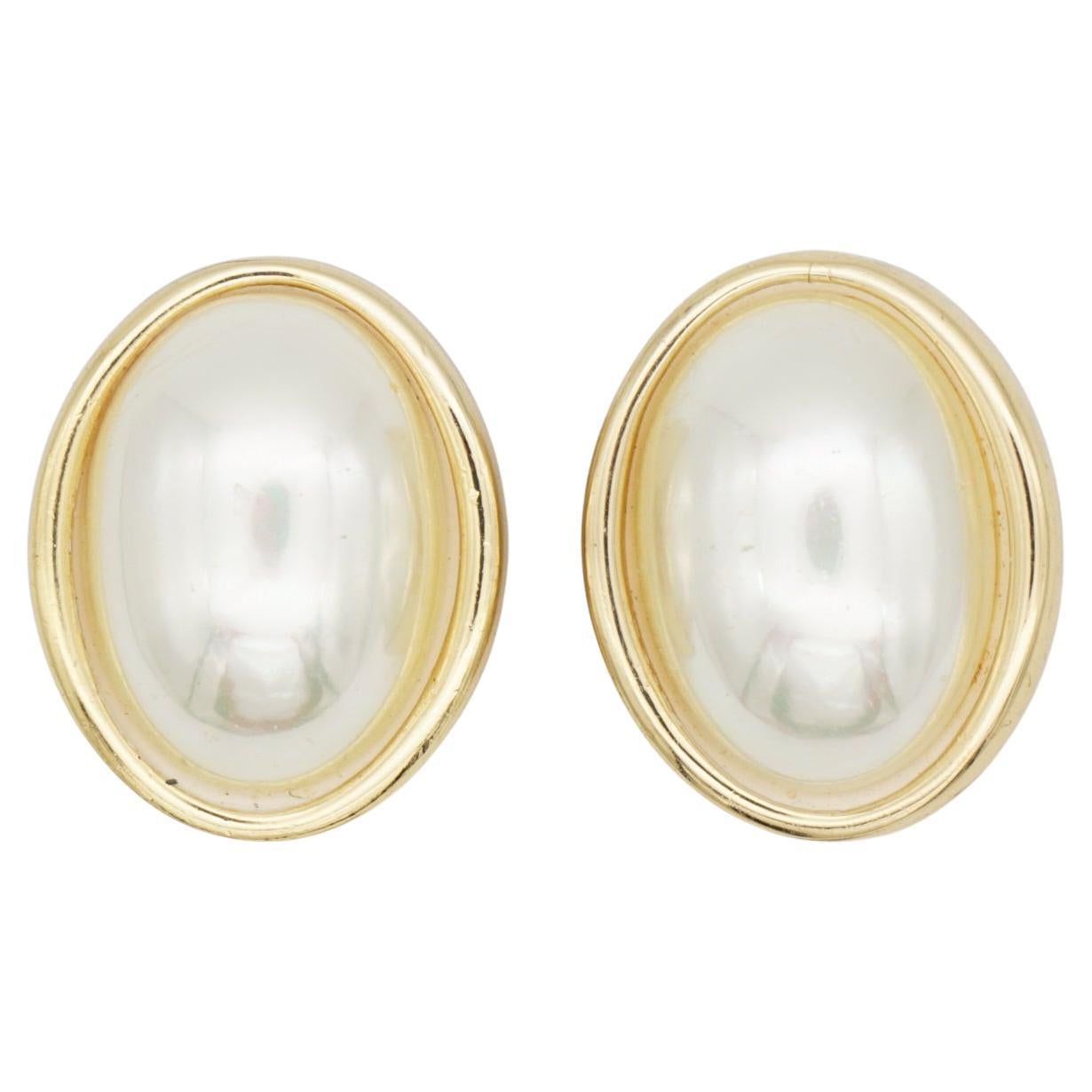 Christian Dior Vintage 1980s Large White Glossy Oval Pearl Chunky Clip Earrings For Sale