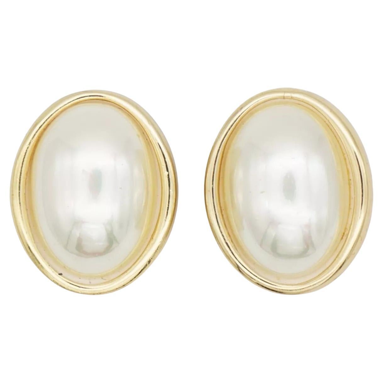 Christian Dior Vintage 1980s Large White Glossy Oval Pearl Chunky Clip Earrings