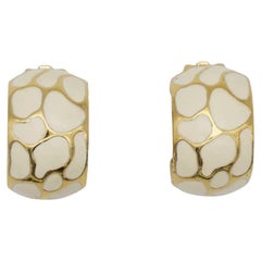 Christian Dior Vintage 1980s Large White Leopard Enamel Hoop Dome Clip Earrings