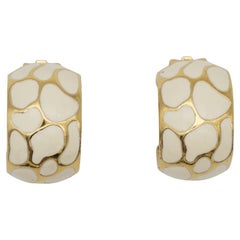 Christian Dior Vintage 1980s Large White Leopard Enamel Hoop Gold Clip Earrings
