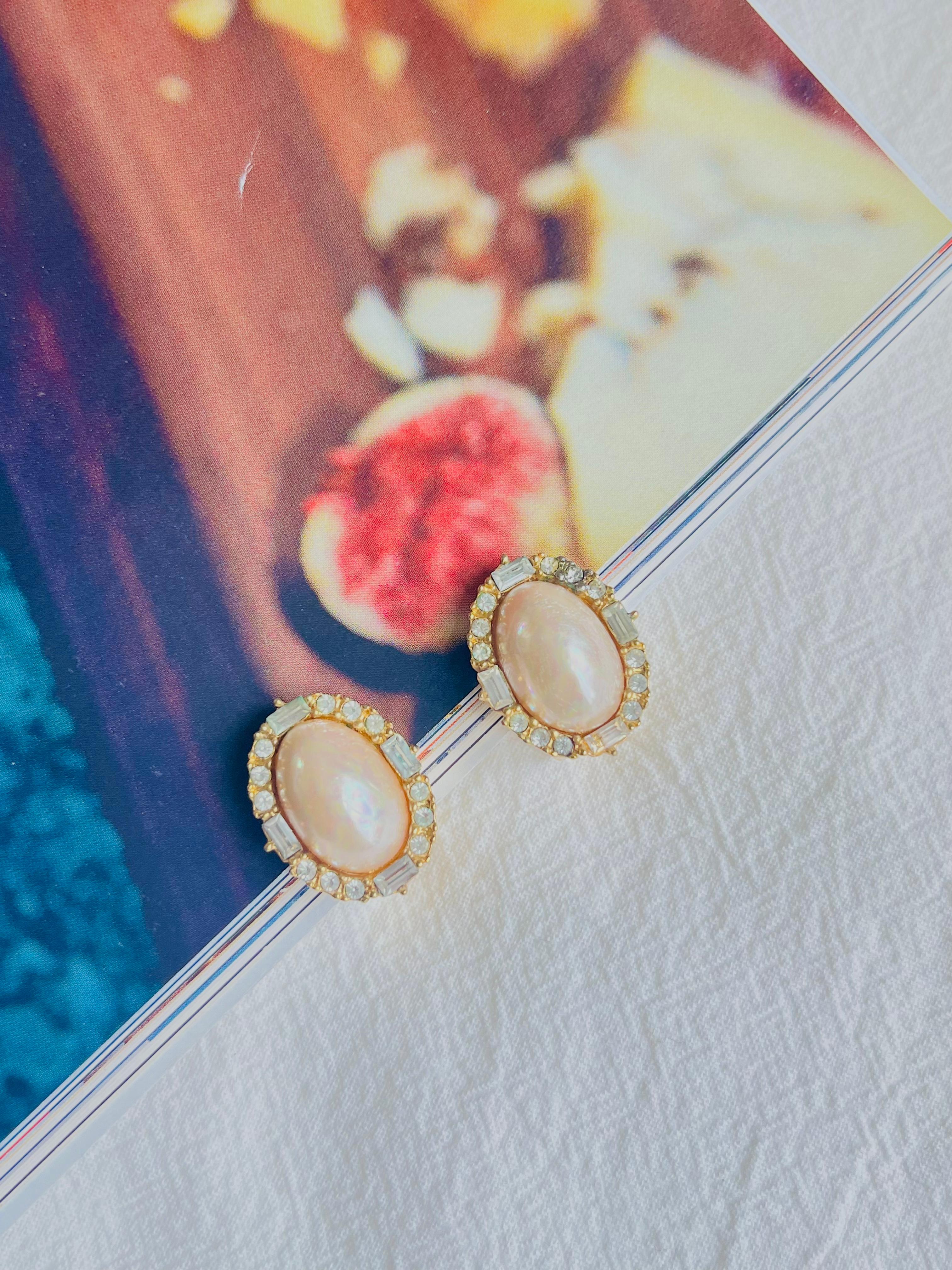 Art Deco Christian Dior Vintage 1980s Large White Oval Pearl Crystals Gold Clip Earrings For Sale