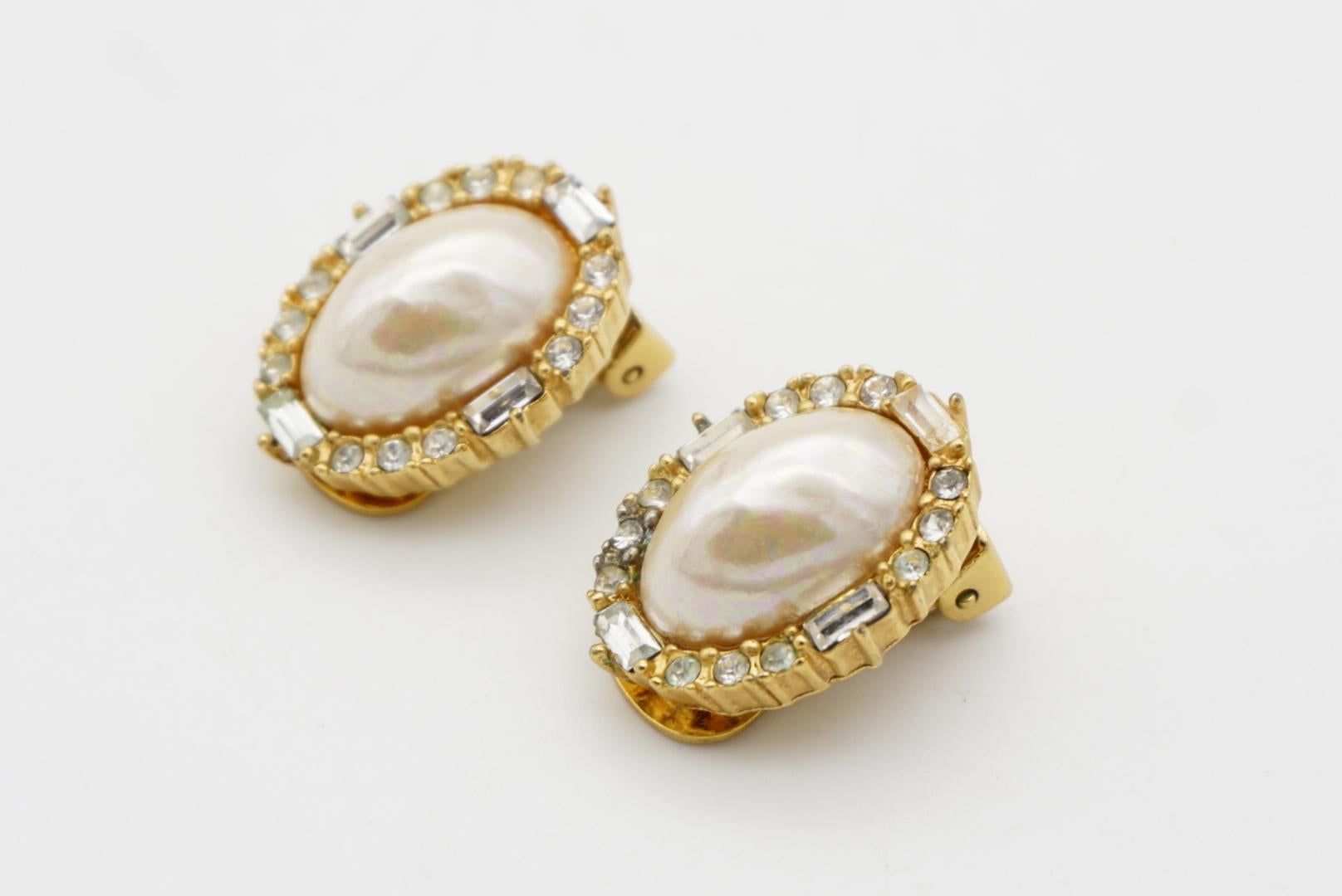 Christian Dior Vintage 1980s Large White Oval Pearl Crystals Gold Clip Earrings For Sale 5