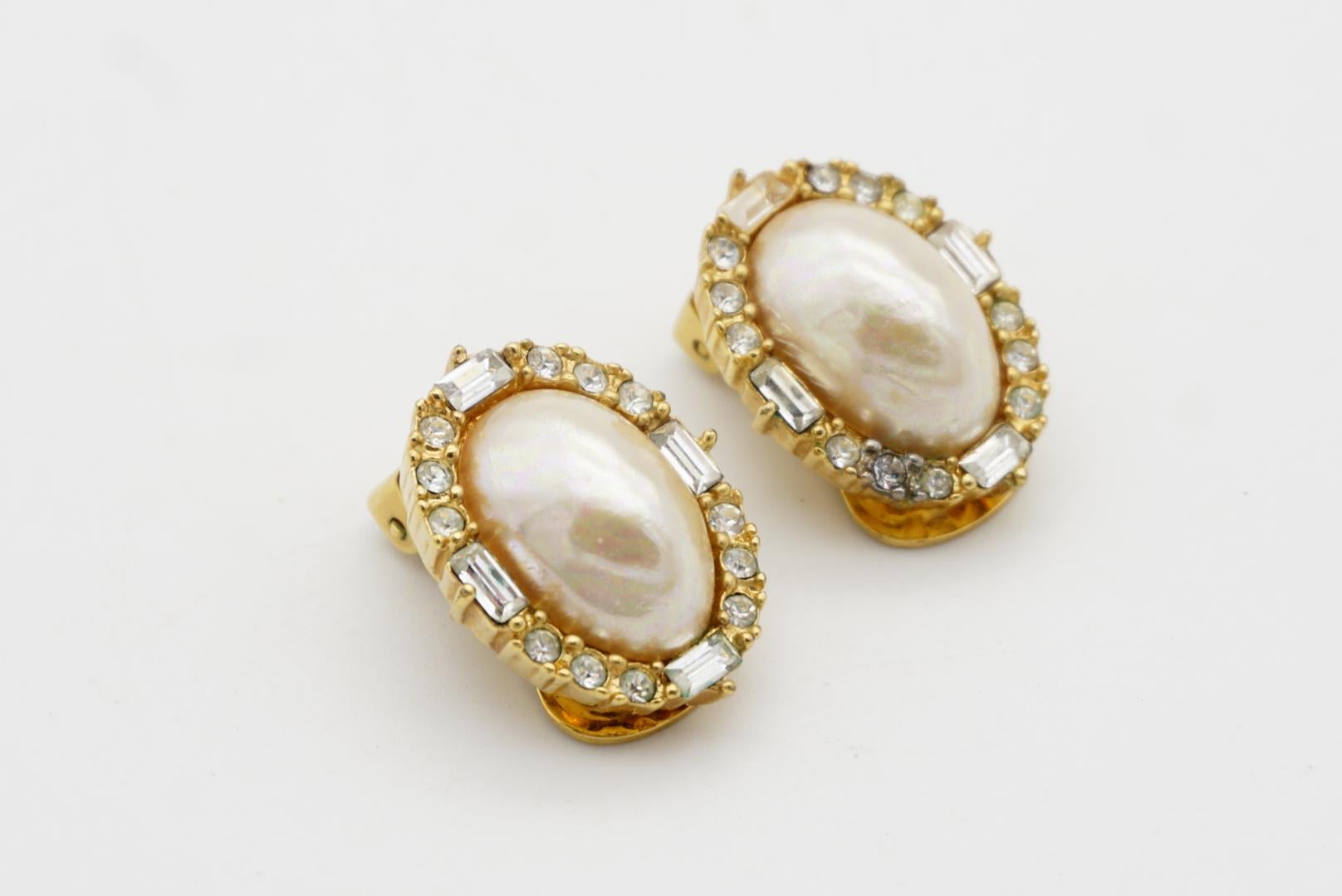 Christian Dior Vintage 1980s Large White Oval Pearl Crystals Gold Clip Earrings For Sale 6