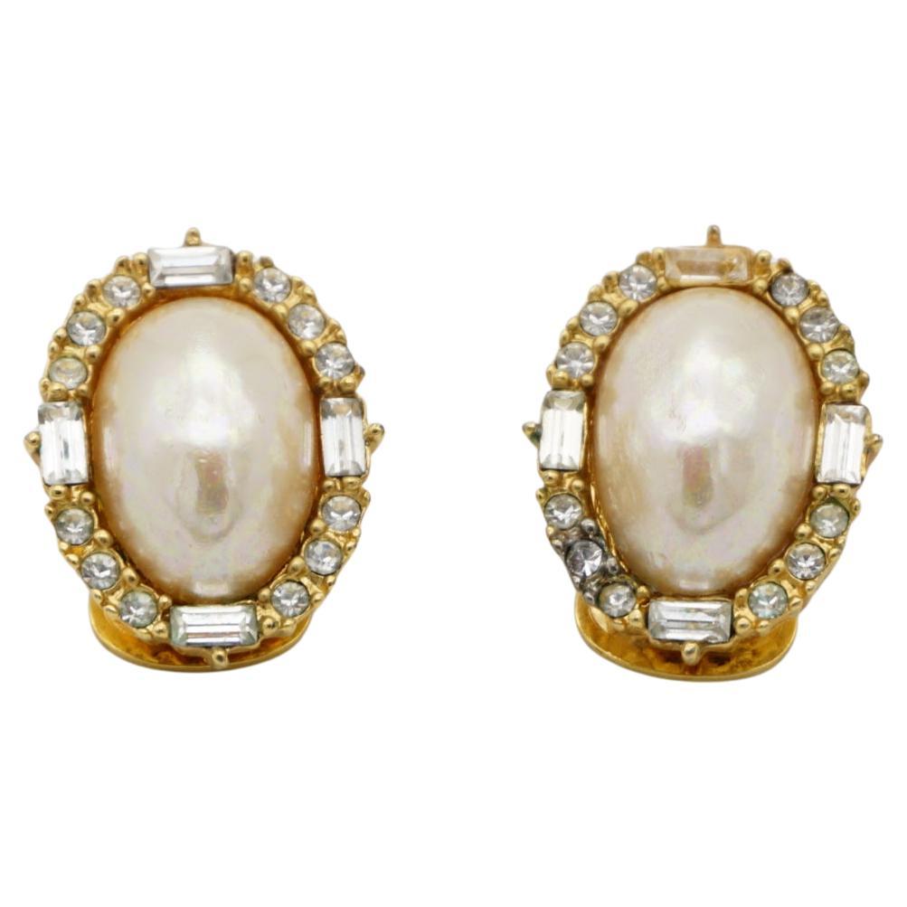 Christian Dior Vintage 1980s Large White Oval Pearl Crystals Gold Clip Earrings