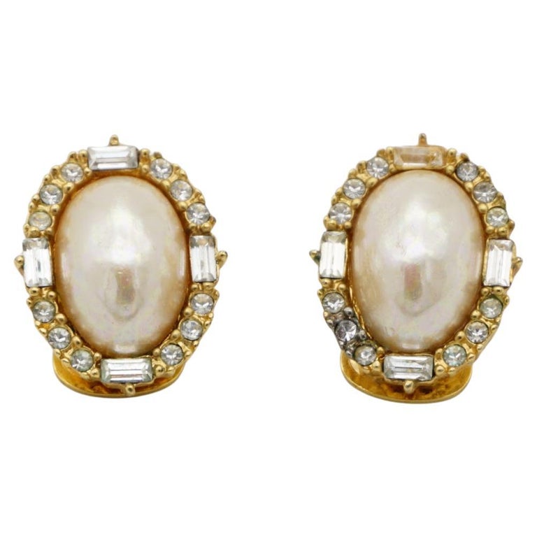 Christian Dior Vintage 1980s Large White Oval Pearl Crystals Gold Clip  Earrings For Sale at 1stDibs