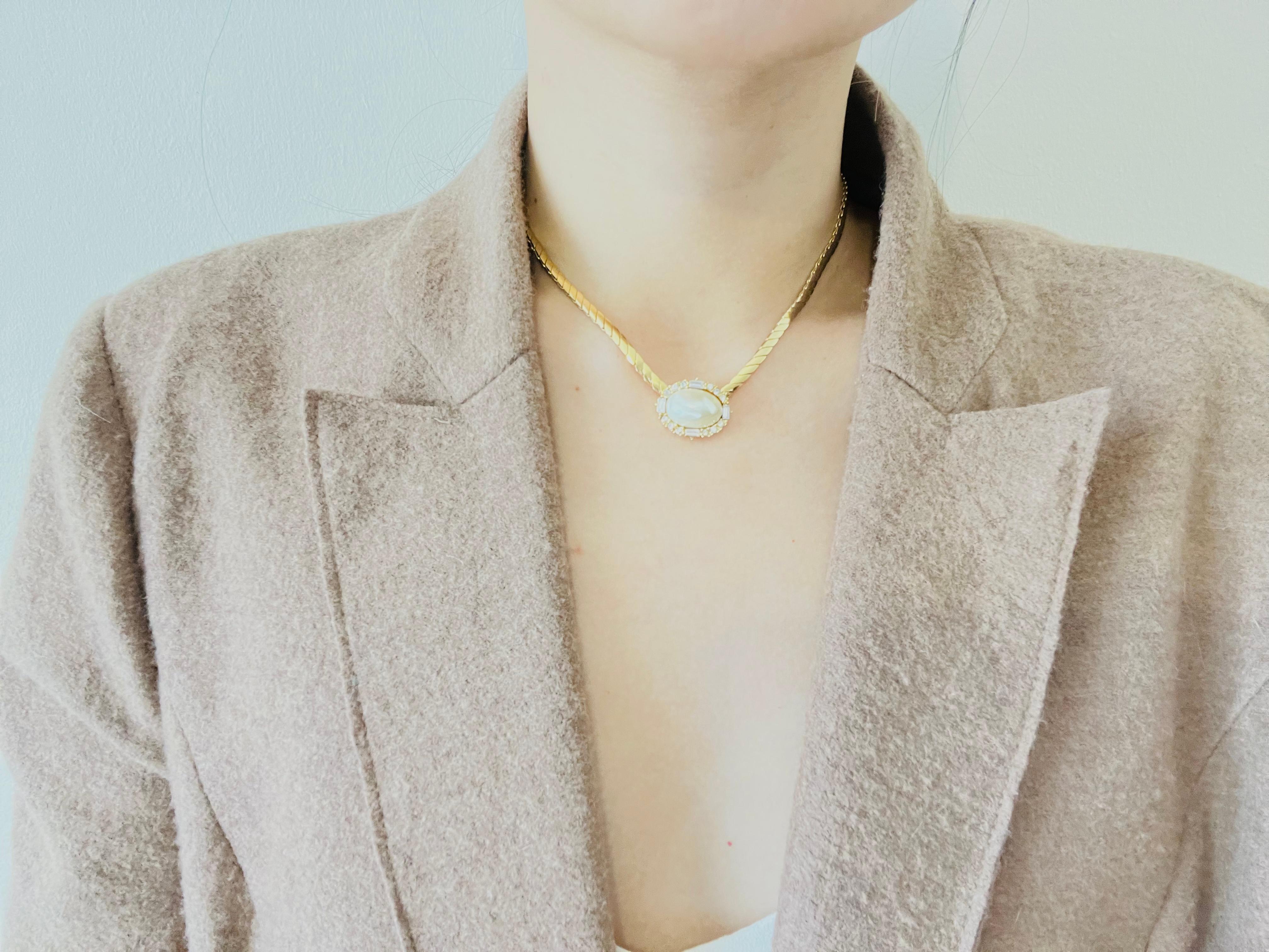 Christian Dior Vintage 1980s Large White Oval Pearl Crystals Pendant Necklace For Sale 1