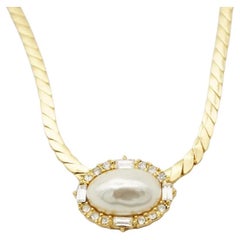 Christian Dior Vintage 1980s Large White Oval Pearl Crystals Pendant Necklace