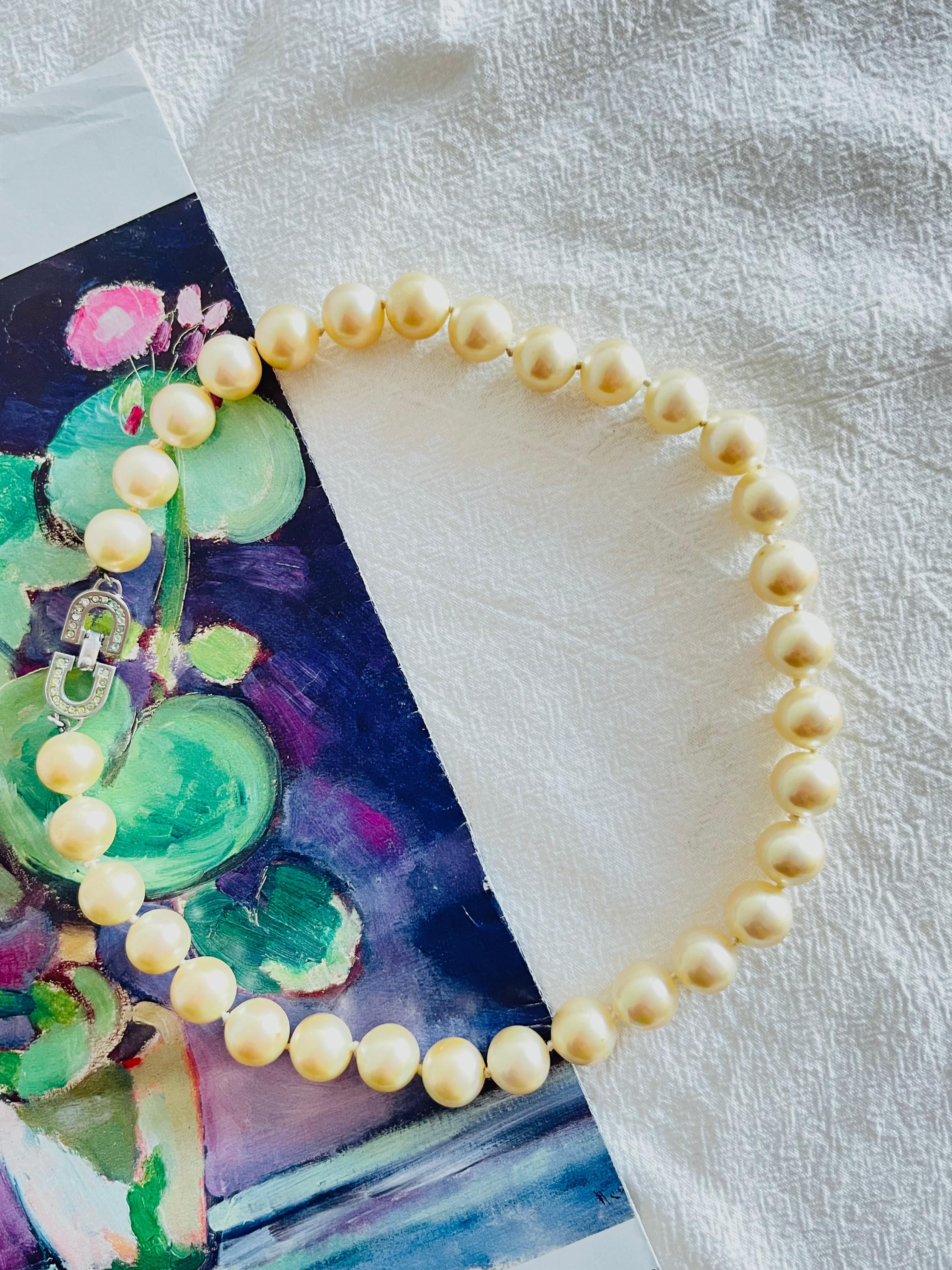 Art Deco Christian Dior Vintage 1980s Large White Round Pearls Logo CD Crystals Necklace For Sale