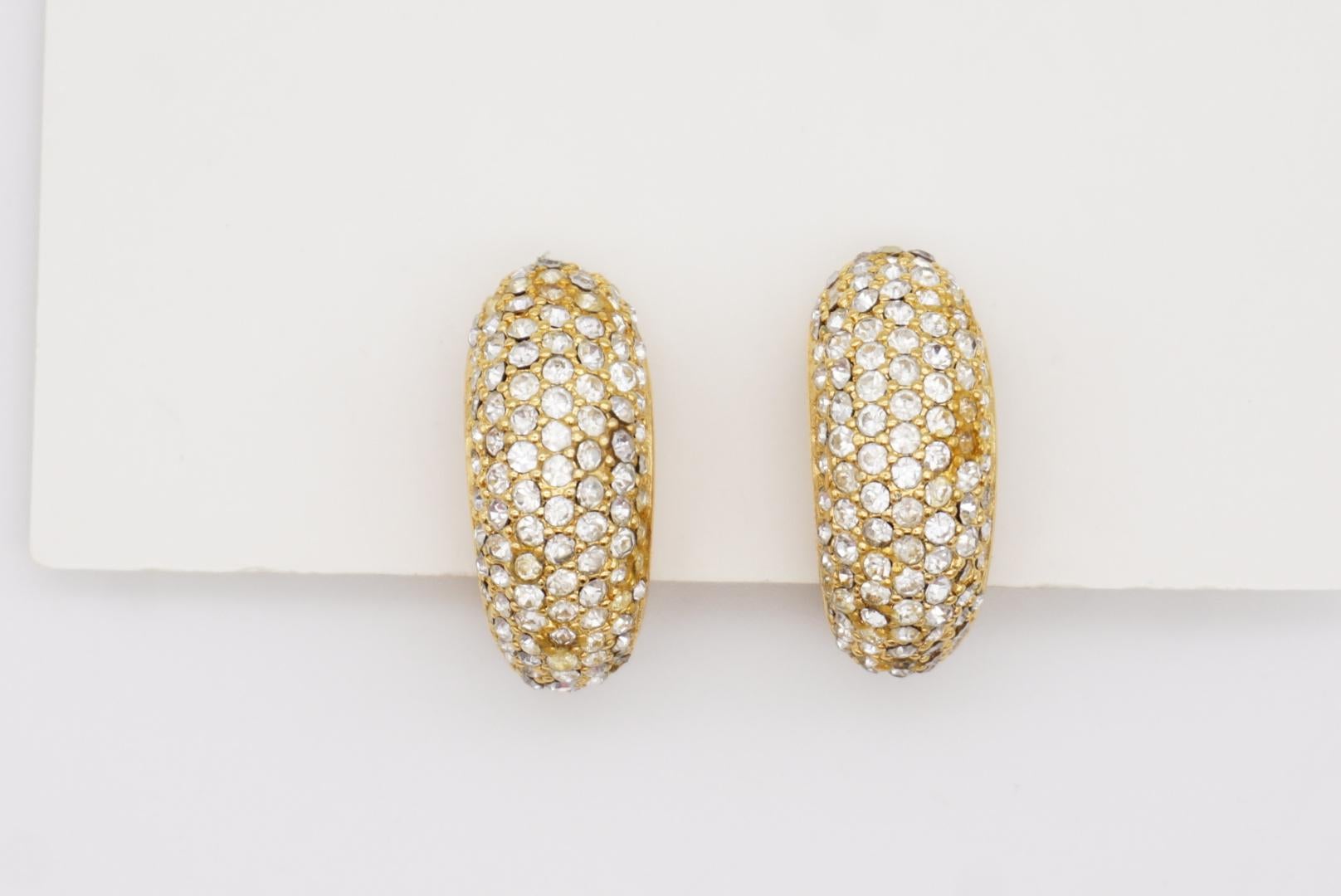 Christian Dior Vintage 1980s Large Whole Crystals Dome Semi Hoop Clip Earrings For Sale 6