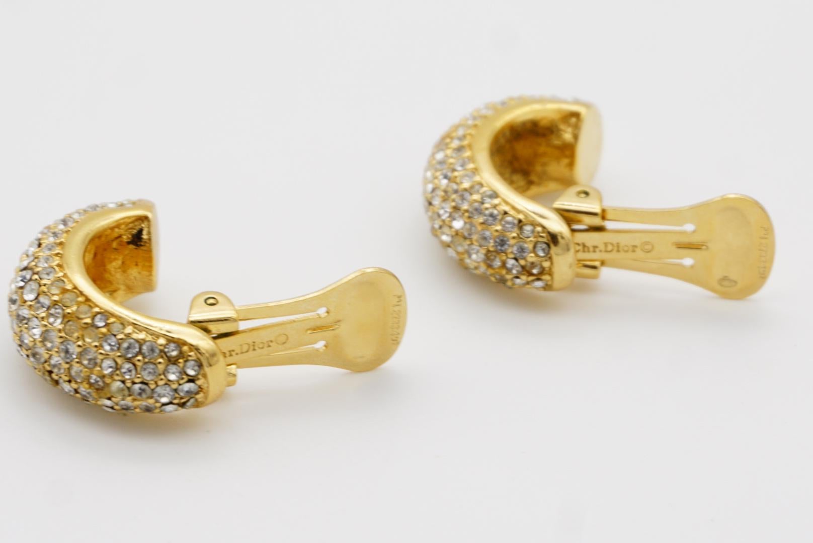 Christian Dior Vintage 1980s Large Whole Crystals Dome Semi Hoop Clip Earrings For Sale 7