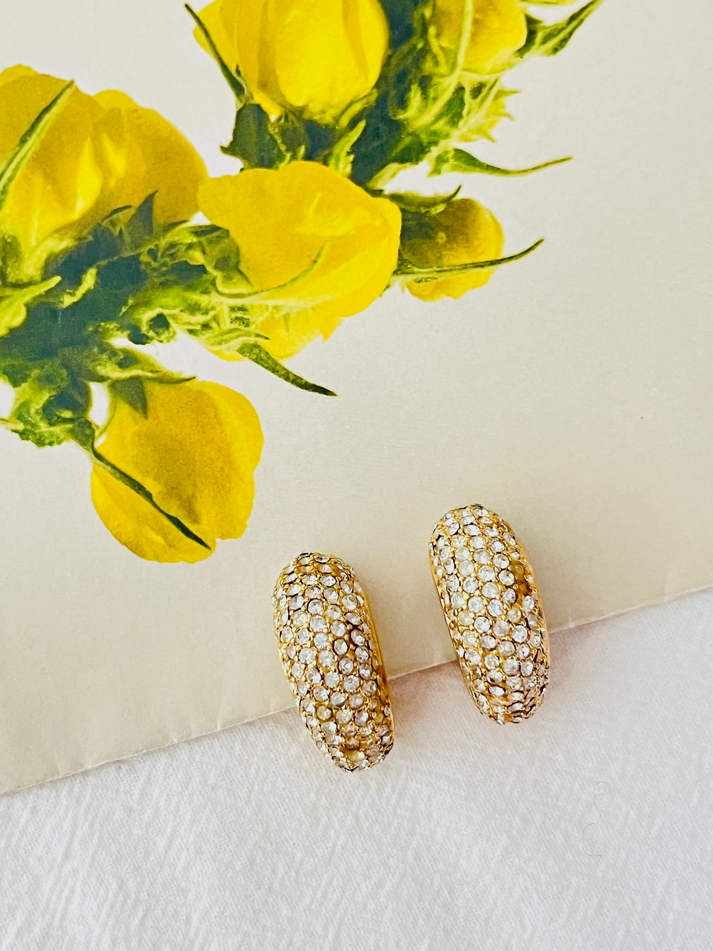 Art Deco Christian Dior Vintage 1980s Large Whole Crystals Dome Semi Hoop Clip Earrings For Sale