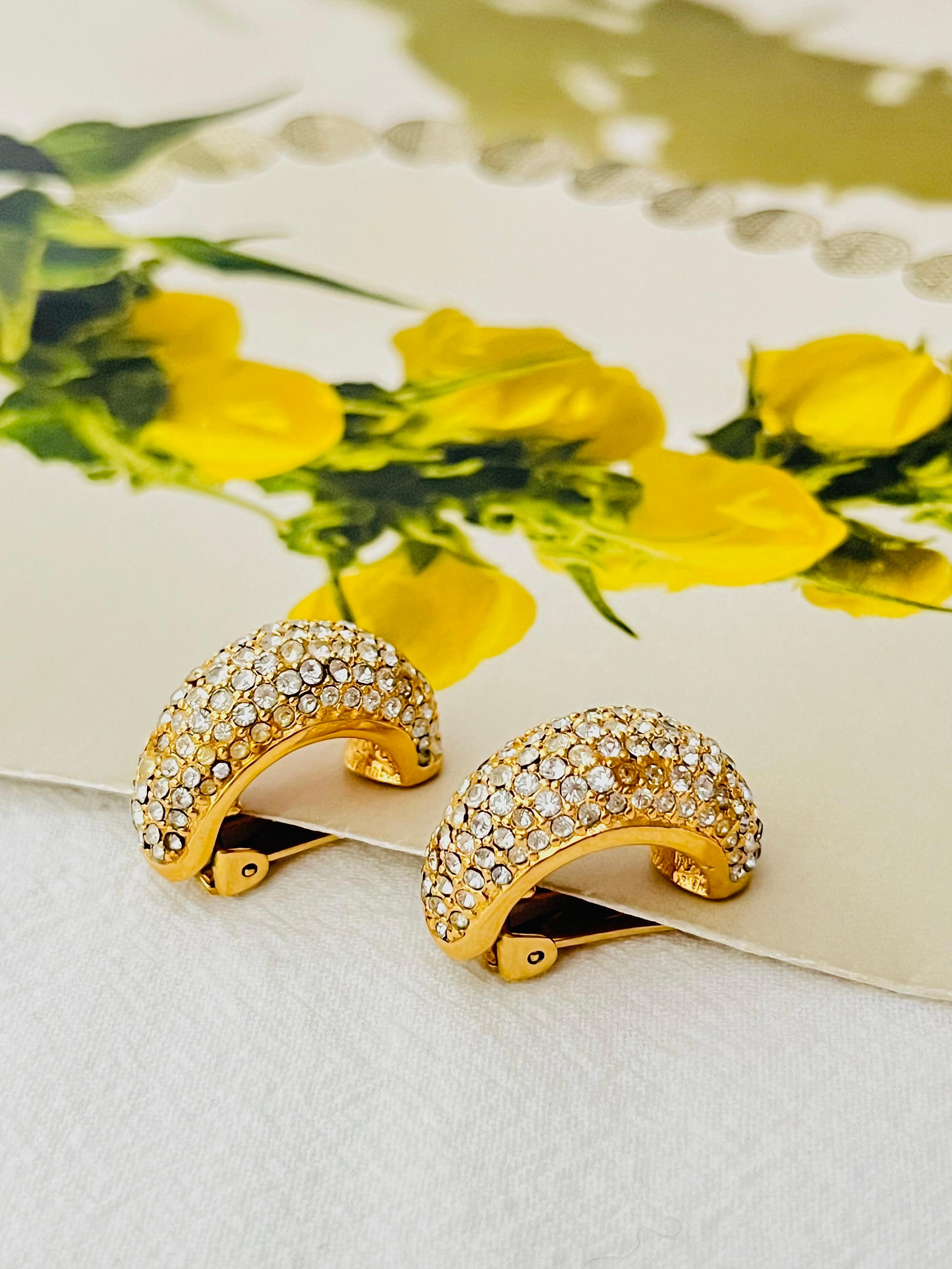 Christian Dior Vintage 1980s Large Whole Crystals Dome Semi Hoop Clip Earrings In Good Condition For Sale In Wokingham, England