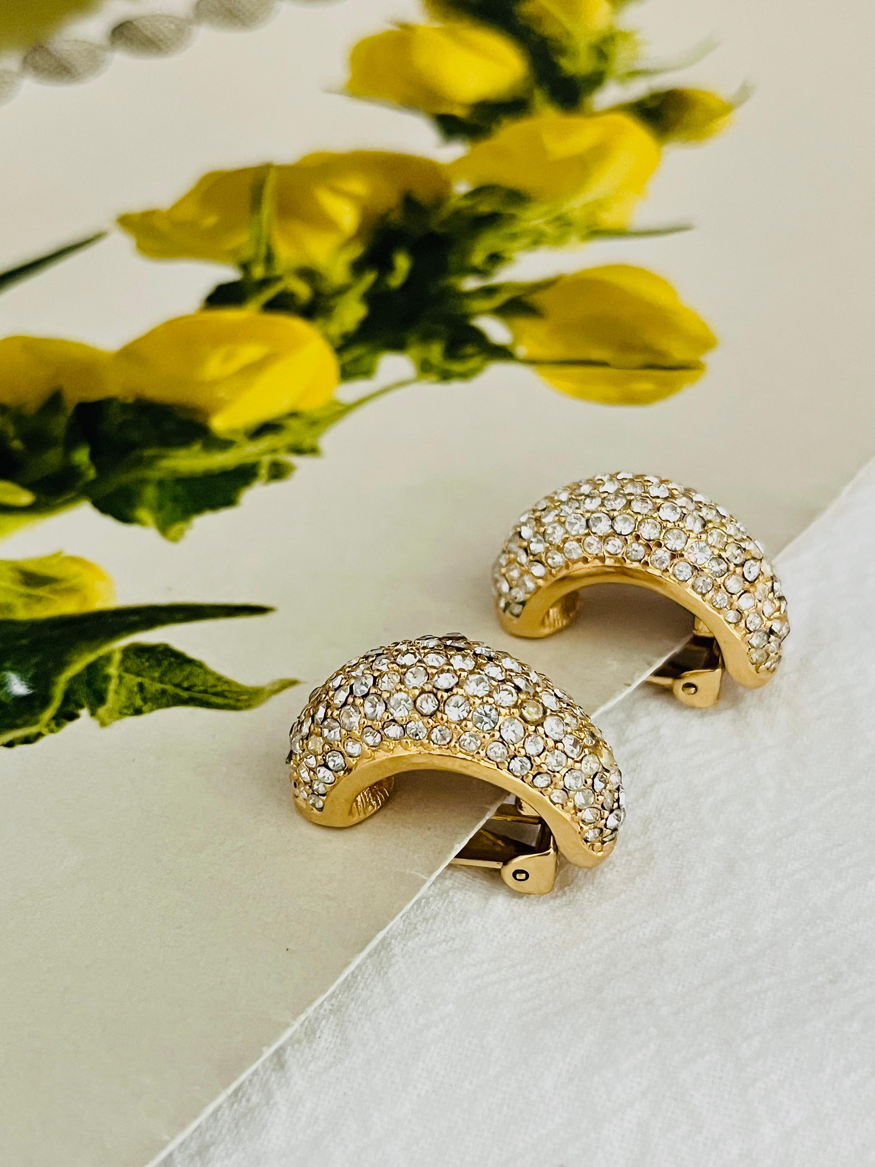 Women's or Men's Christian Dior Vintage 1980s Large Whole Crystals Dome Semi Hoop Clip Earrings For Sale