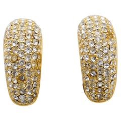 Christian Dior Vintage 1980s Large Whole Crystals Dome Semi Hoop Clip Earrings