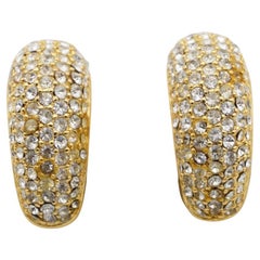 Christian Dior Vintage 1980s Large Whole Crystals Dome Semi Hoop Clip Earrings