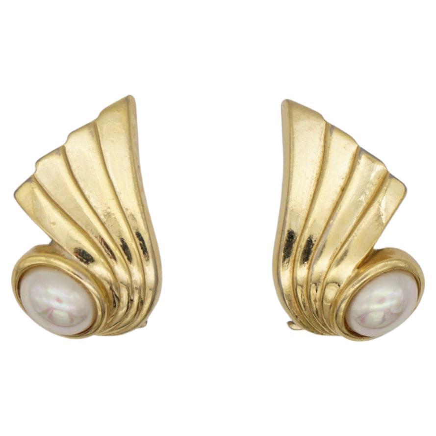 Christian Dior Vintage 1980s Large Wing Feather Oval Pearl Gold Clip Earrings For Sale