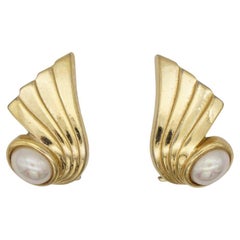 Christian Dior Vintage 1980s Large Wing Feather Oval Pearl Gold Clip Earrings