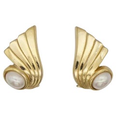 Christian Dior Vintage 1980s Large Wing Feather Oval Pearl Gold Clip Earrings