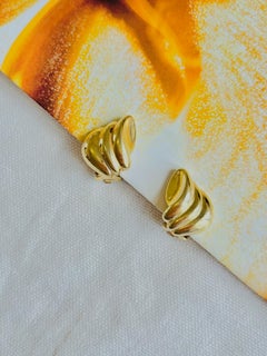 Christian Dior Vintage 1980s Leaf Feather Fan Shell Trio Gold Clip On Earrings