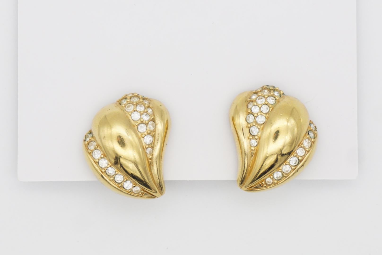 Christian Dior Vintage 1980s Leaf Love Crystals Modernist Gold Clip On Earrings For Sale 1