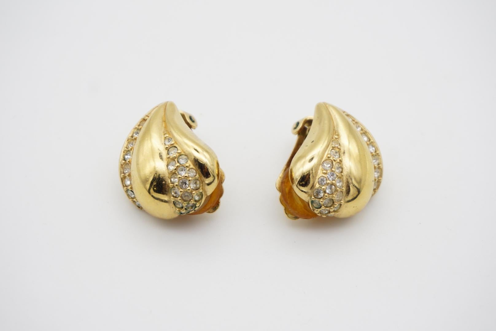 Christian Dior Vintage 1980s Leaf Love Crystals Modernist Gold Clip On Earrings For Sale 2