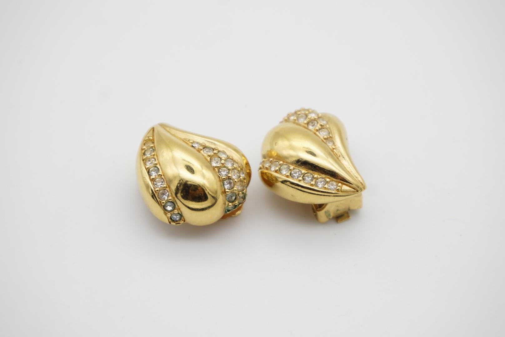 Christian Dior Vintage 1980s Leaf Love Crystals Modernist Gold Clip On Earrings For Sale 3