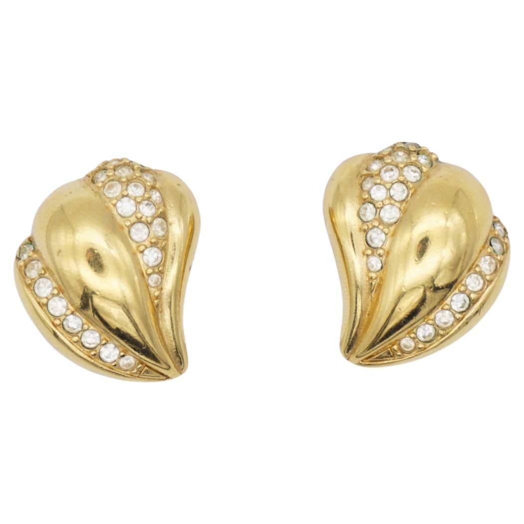 Christian Dior Vintage 1980s Leaf Love Crystals Modernist Gold Clip On Earrings For Sale
