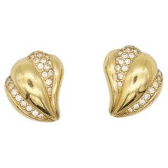 Christian Dior Retro 1980s Leaf Love Crystals Modernist Gold Clip On Earrings