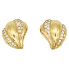 Christian Dior Vintage 1980s Leaf Love Heart Crystals Modernist Clip Earrings Christian Dior Vintage 1980s Leaf Love Heart Crystals Modernist Clip Earrings