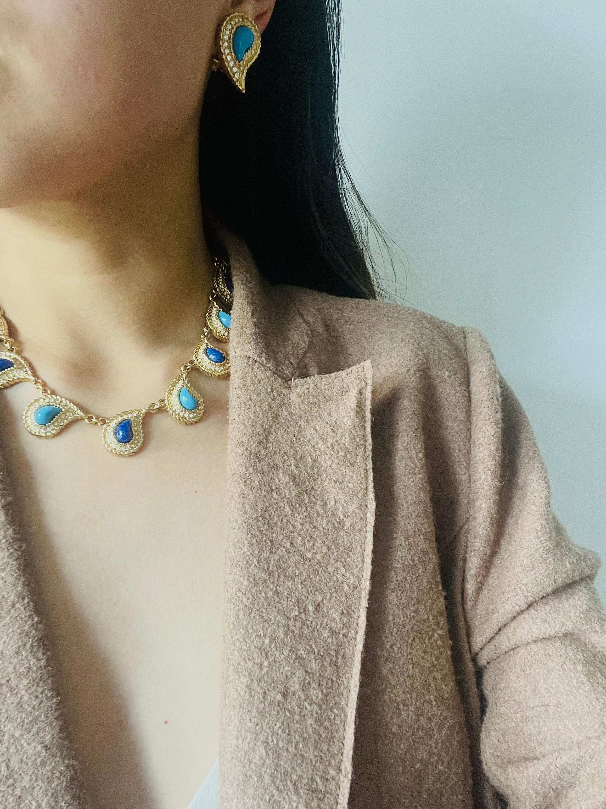 Christian Dior Vintage 1980s Leaf Paisley Cabochon Turquoise Lapis Crystals Set 1
