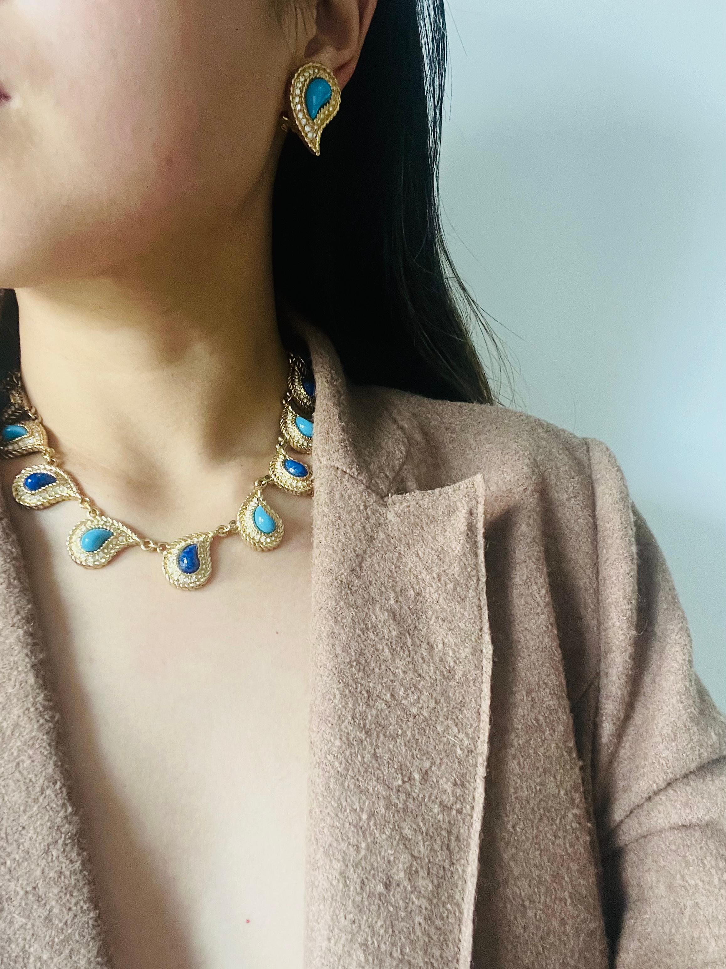 Christian Dior Vintage 1980s Leaf Paisley Cabochon Turquoise Lapis Crystals Set 2