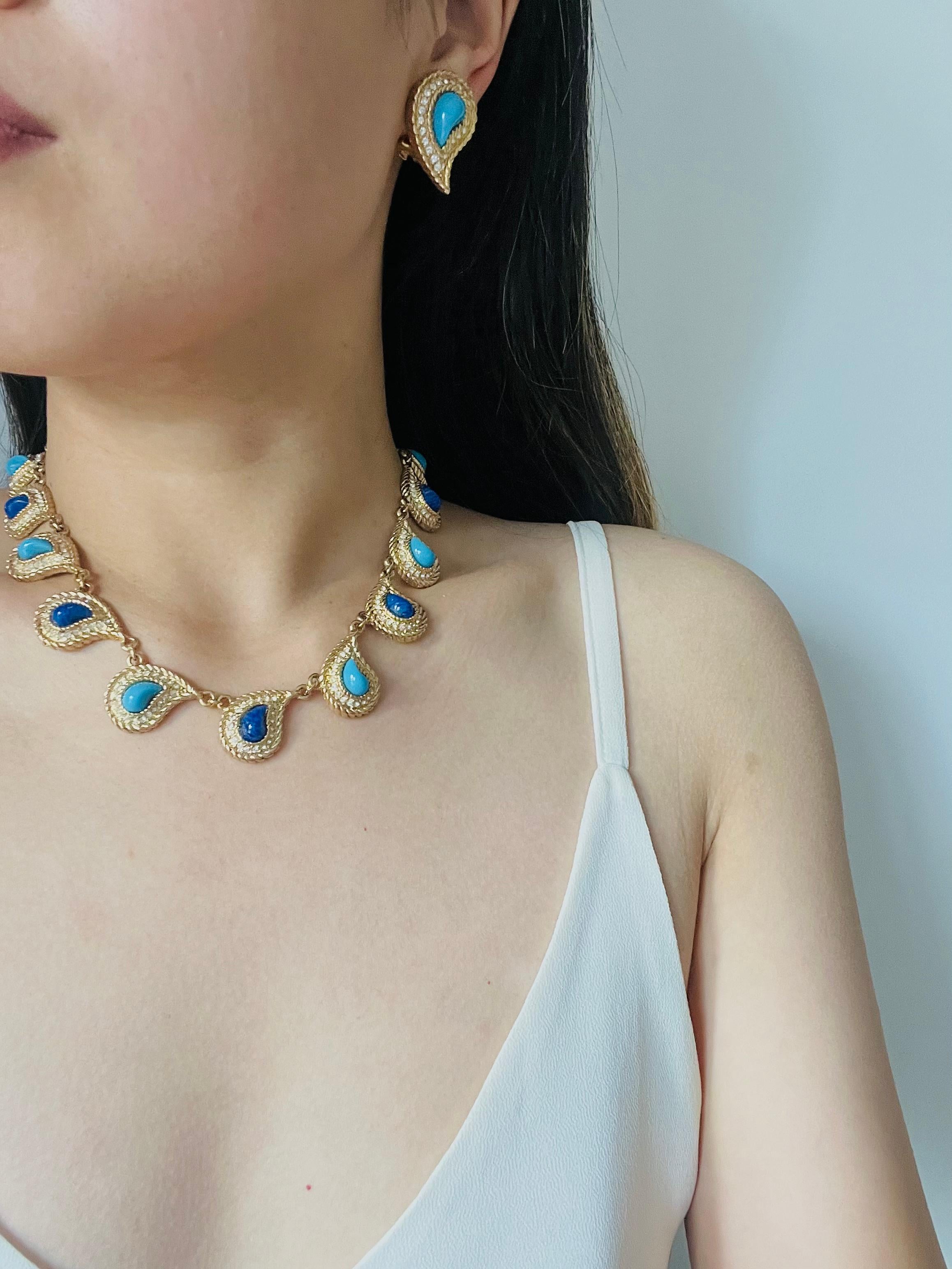 Christian Dior Vintage 1980s Leaf Paisley Cabochon Turquoise Lapis Crystals Set 3