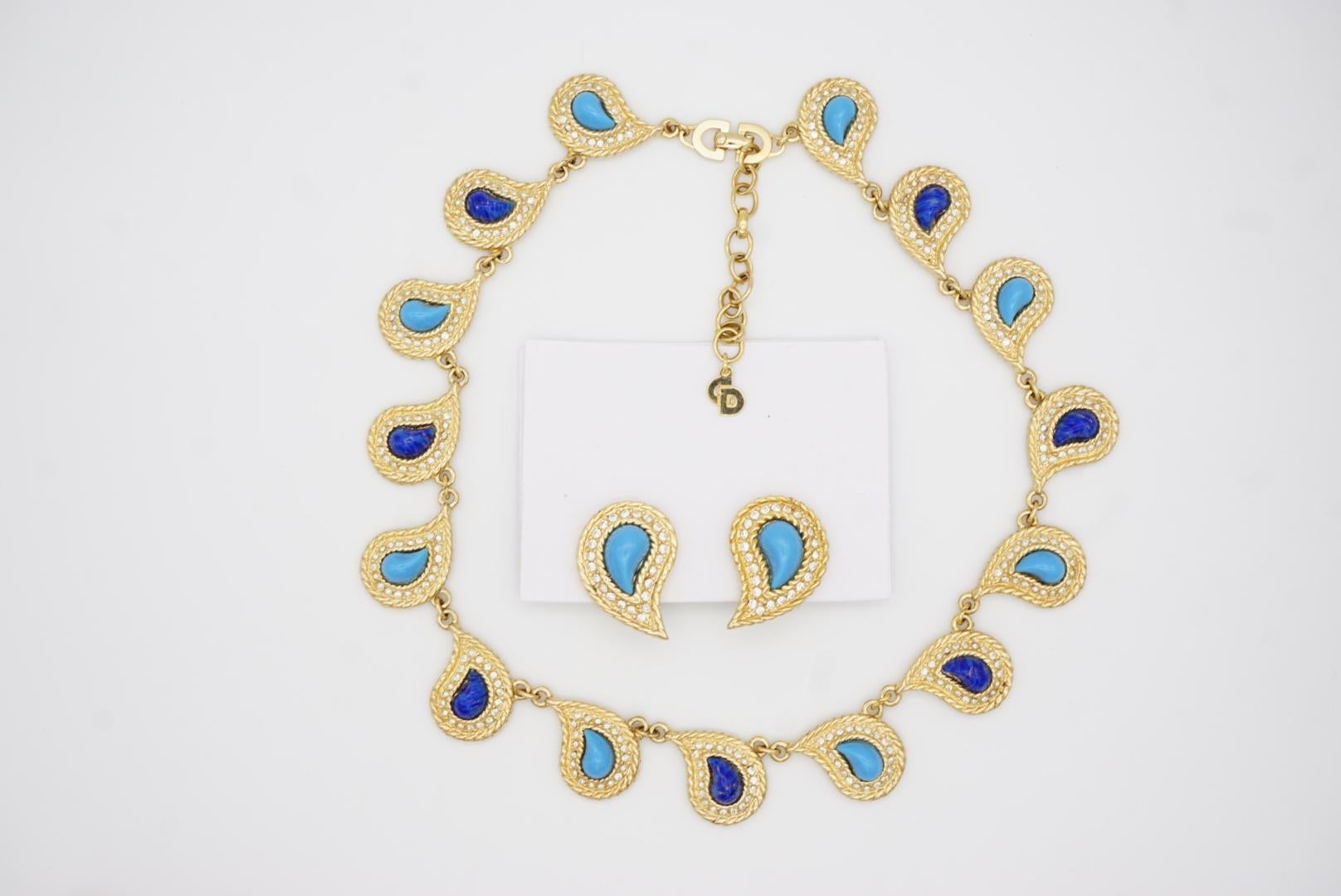 Christian Dior Vintage 1980s Leaf Paisley Cabochon Turquoise Lapis Crystals Set 4
