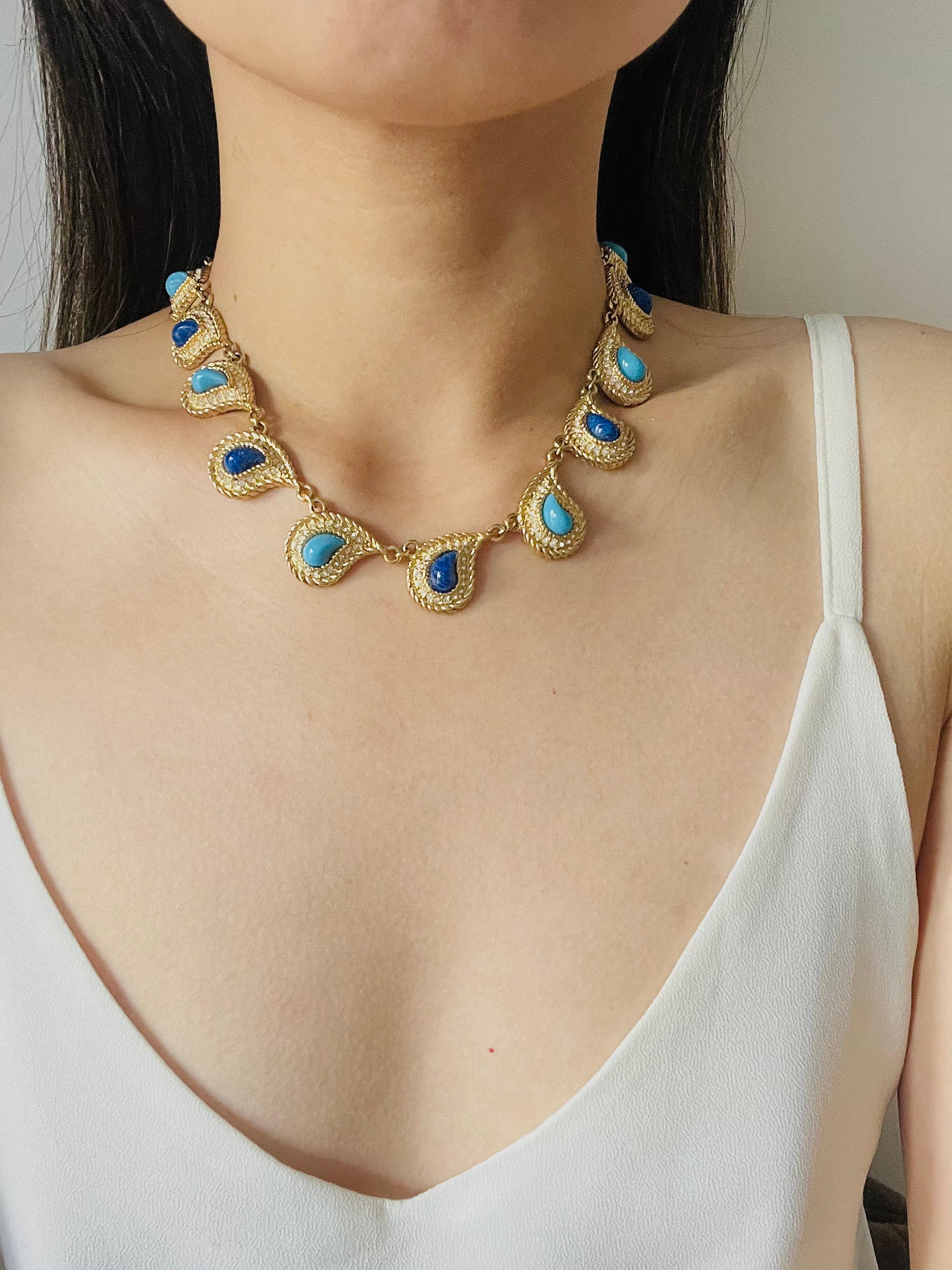 Christian Dior Vintage 1980s Leaf Paisley Cabochon Turquoise Lapis Crystals Set 4