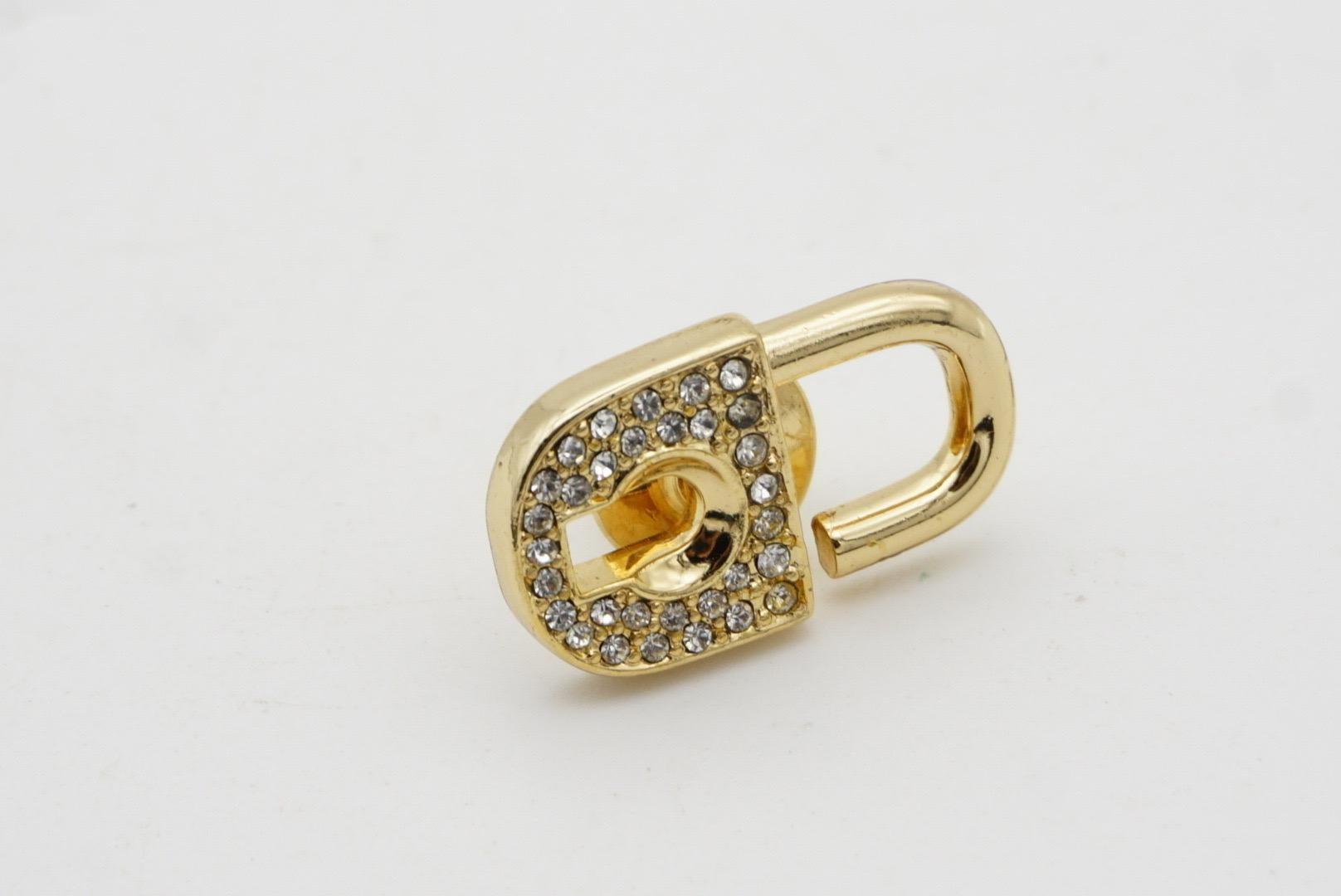 Christian Dior Vintage 1980s Logo CD Crystals Padlock Key Retro Gold Pin Brooch 5
