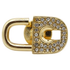 Christian Dior Vintage 1980s Logo CD Crystals Padlock Key Retro Gold Pin Brooch