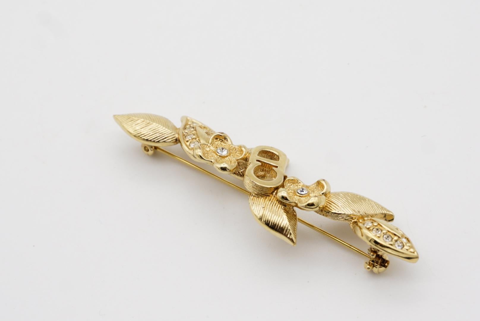 Christian Dior Vintage 1980 Logo CD Long Bar Flower Leaf Crystals Gold Brooch 5