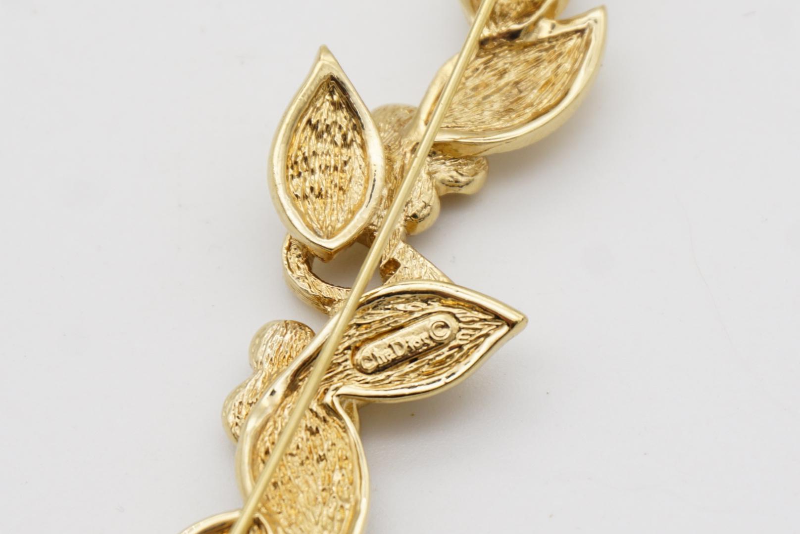 Christian Dior Vintage 1980 Logo CD Long Bar Flower Leaf Crystals Gold Brooch 7