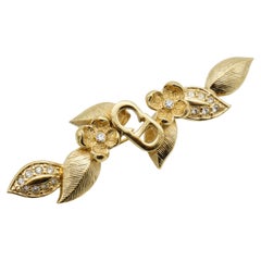 Christian Dior Vintage 1980s Logo CD Long Bar Flower Leaf Crystals Gold Brooch