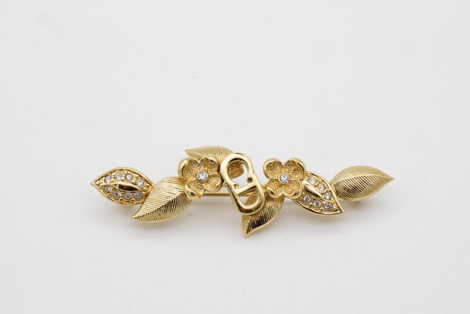 Christian Dior Vintage 1980s Logo CD Long Bar Flower Leaf Crystals Gold Brooch For Sale 2