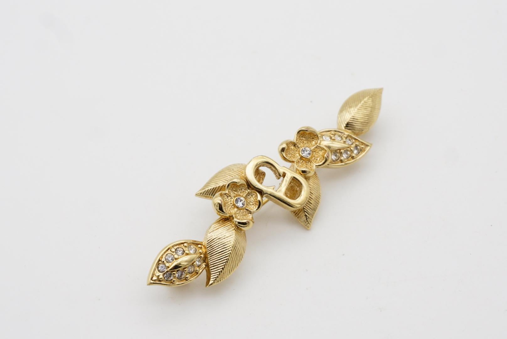 Christian Dior Vintage 1980 Logo CD Long Bar Flower Leaf Crystals Gold Brooch 3