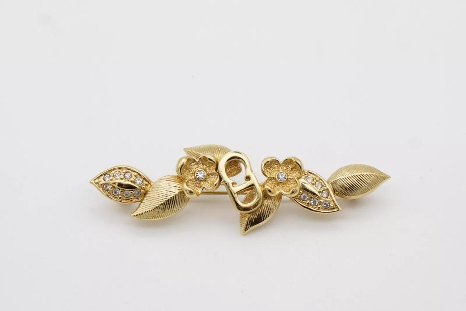 Christian Dior Vintage Años 80 Logo CD Barra Larga Flor Hoja Cristales Broche Oro en venta 3